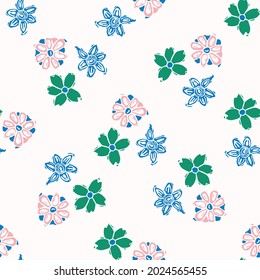 Playful fresh doodle flower shape seamless background. Modern trendy minimal retro motif pattern. Hand drawn simple colorful design isolated on white. For young childish creative all over print. 