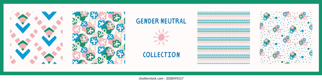 Playful fresh doodle shape seamless background collection. Modern whimsical minimal retro design pattern. Hand drawn simple colorful isolated on white. For young childish creative all over print set