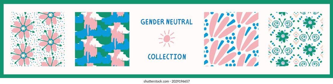 Playful fresh doodle shape seamless background collection. Modern whimsical minimal retro design pattern. Hand drawn simple colorful isolated on white. For young childish creative all over print set