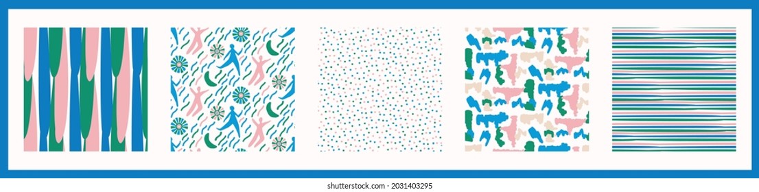 Playful fresh doodle shape seamless background collection. Modern whimsical minimal retro design pattern. Hand drawn simple colorful isolated on white. For young childish creative all over print set