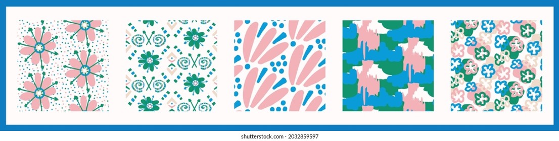 Playful fresh doodle shape seamless background collection. Modern whimsical minimal retro design pattern. Hand drawn simple colorful isolated on white. For young childish creative all over print set