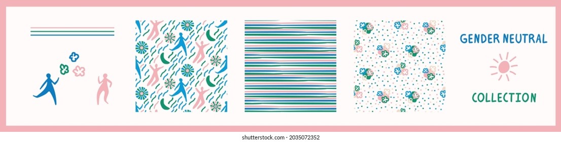 Playful fresh doodle shape seamless background collection. Modern whimsical minimal retro design pattern. Hand drawn simple colorful isolated on white. For young childish creative all over print set