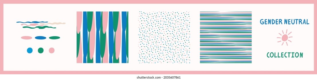 Playful fresh doodle shape seamless background collection. Modern whimsical minimal retro design pattern. Hand drawn simple colorful isolated on white. For young childish creative all over print set