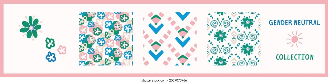 Playful fresh doodle shape seamless background collection. Modern whimsical minimal retro design pattern. Hand drawn simple colorful isolated on white. For young childish creative all over print set