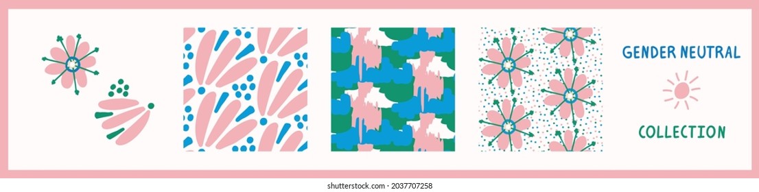Playful fresh doodle shape seamless background collection. Modern whimsical minimal retro design pattern. Hand drawn simple colorful isolated on white. For young childish creative all over print set
