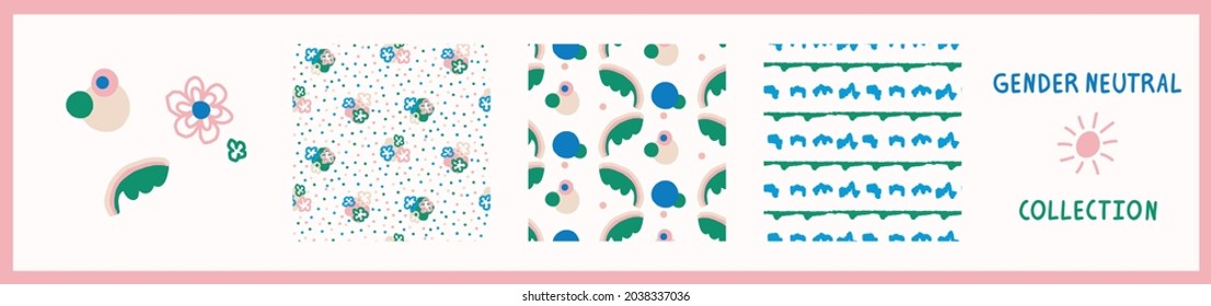 Playful fresh doodle shape seamless background collection. Modern whimsical minimal retro design pattern. Hand drawn simple colorful isolated on white. For young childish creative all over print set