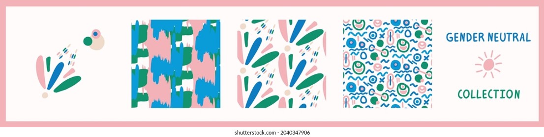 Playful fresh doodle shape seamless background collection. Modern whimsical minimal retro design pattern. Hand drawn simple colorful isolated on white. For young childish creative all over print set