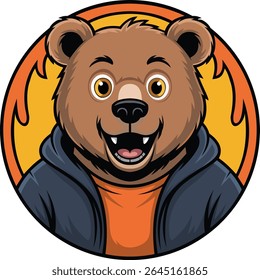 A playful and friendly illustration of a bear character wearing a hoodie, set against a circular background. This design is perfect for children's products.