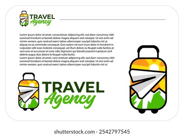 playful, friendly travel and adventure logo design with sun, mountain and airplane inside a travelling bag, flight  and trip logo