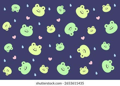 Playful frog pattern scattered with tiny heart accents on a bold dark background. Perfect for cute wallpaper designs, kids' apparel, or fun love-themed decor.