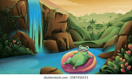 A playful frog relaxing on an inflatable ring in a tropical pool, surrounded by lush greenery and a waterfall.