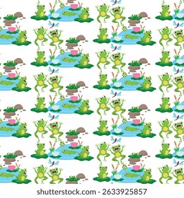Playful Frogs by the  Lily Pond Seamless Pattern