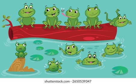 Playful Frogs by the Pond - Cute Cartoon Vector Illustration for Children