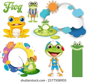 Playful frogs in various fun and vibrant settings