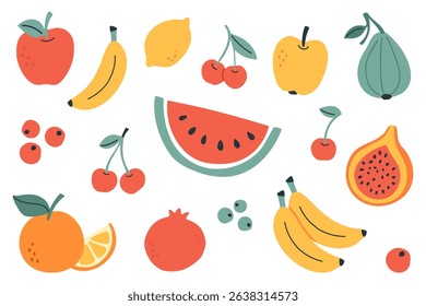 Playful fruit collection featuring bright illustrations of apples, bananas, figs, cherries, citrus fruits, papayas, and pomegranates. Perfect for nutrition and organic themes