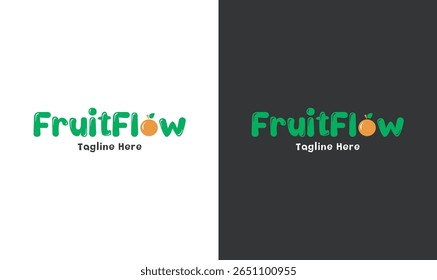 Playful Fruit Flow logo with green text and a fruit-themed letter ‘o’. Perfect for juice brands, organic products, healthy snacks, or fresh food startups.
