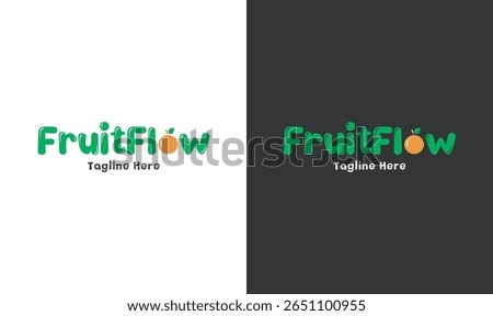 Playful Fruit Flow logo with green text and a fruit-themed letter ‘o’. Perfect for juice brands, organic products, healthy snacks, or fresh food startups.