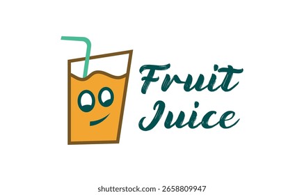 Playful fruit juice logo featuring a smiling juice glass with eyes and straw, perfect for juice bars, beverage branding, or kids' drink packaging.
