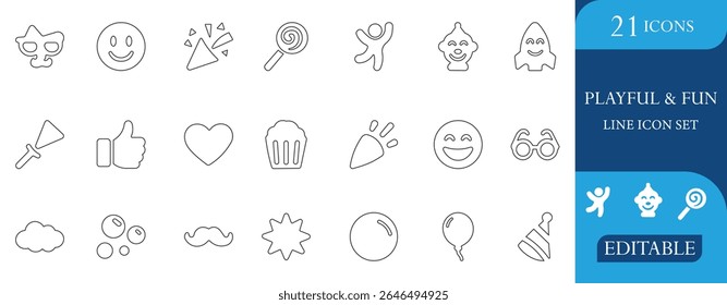 Playful and fun line icon set featuring emoji, celebration, party, clown, balloon, and cute elements. Perfect for kids, UI design, games, and creative content.