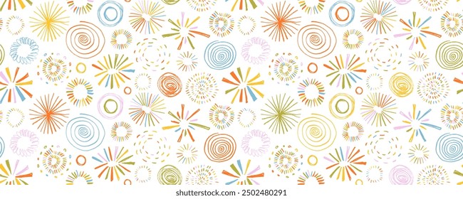 Playful funky seamless banner design with crayon drawn spirals and sunburst shapes in colorful kid's style. Hand drawn fireworks. Fun style seamless pattern. Doodle sunbeams, swirls and circles.