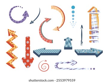 Playful funny arrows. Abstract patterned pointers, game cursors, spiral, round, twisted shapes, bright elements, doodle trendy. Presentation design. Simple cursor. Vector cartoon flat set