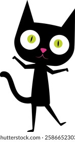 Playful and funny cartoon black cat with big head, pink nose and green eyes. Perfect for children's books, greeting cards, or any design that requires a cute and lovable feline companion. 