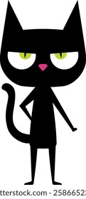 Playful and funny cartoon black cat with big head, pink nose and green eyes. Perfect for children's books, greeting cards, or any design that requires a cute and lovable feline companion. 