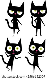 Playful and funny cartoon black cat with big head, pink nose and green eyes. Perfect for children's books, greeting cards, or any design that requires a cute and lovable feline companion. 