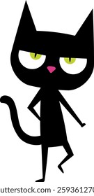 Playful and funny cartoon black cat with big head, pink nose and green eyes. Perfect for children's books, greeting cards, or any design that requires a cute and lovable feline companion. 