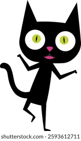 Playful and funny cartoon black cat with big head, pink nose and green eyes. Perfect for children's books, greeting cards, or any design that requires a cute and lovable feline companion. 