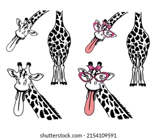 Una divertida y linda jirafa con un punto de polka rosa oscuro y gafas que muestran la lengua. Un animal salvaje divertidísimo. Diseño vectorial de silueta perfecto para cualquier impresión o proyecto web. Adecuado para sublimación