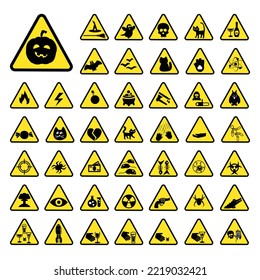 playful and funny scary warning icons and signs, yellow scary triangular warning signs