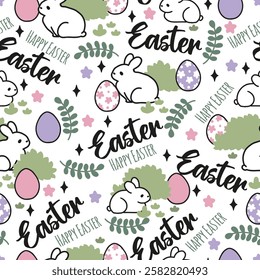 Playful Garden with White Bunnies and Easter Eggs. A delightful seamless vector pattern that perfect for Easter-themed products, holiday decorations, gift wrap, textiles, and spring celebration