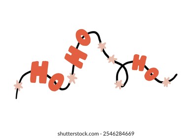 A playful garland featuring the words Ho Ho Ho in red letters, evoking the festive and cheerful spirit of Christmas. Perfect for seasonal decorations and promoting holiday joy