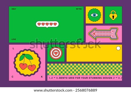 Playful Geometric composition with Groovy elements. Bento grid Retro Funny Y2k vibe. Trendy Vibrant colors. Simple abstract shapes. Bold Background for composition, love mood. Brutalism style Design