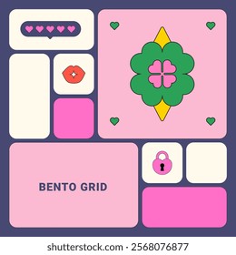 Playful Geometric composition with Hearts. Bento grid. Background for collage. Retro Groovy Funny Y2k vibe. Neon pink. Valentines day. Simple abstract shapes. love mood. Brutalism style. web Design