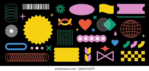 Playful geometric design set. Bright abstract shapes, retro Memphis style elements, wavy patterns, and funky brutalist graphics. Brutalism vibrant aesthetic