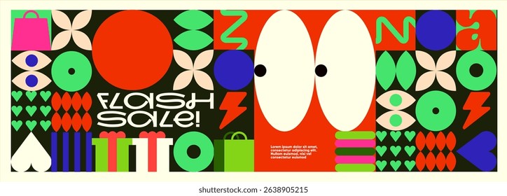Playful geometric flash sale pattern featuring wide-eyed cartoon shapes, lightning icons, gift boxes, hearts, and floral motifs in retro color blocks. "Flash Sale!" in bold.