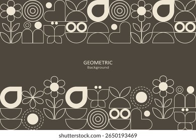 A playful geometric pattern in beige and dark brown featuring flowers, leaves, butterflies, circles, and abstract figures arranged in a modern style with copy space for text design
