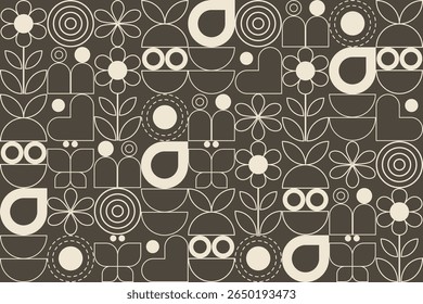 A playful geometric pattern in beige and dark brown featuring flowers, leaves, butterflies, circles, and abstract figures arranged in a modern, whimsical layout.