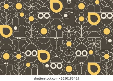 A playful geometric pattern in beige, yellow, and dark brown featuring flowers, leaves, butterflies, circles, and abstract figures arranged in a modern, whimsical layout.