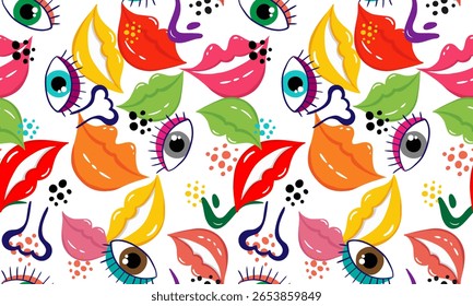 padrão geométrico divertido com desenhos animados olhos lábios narizes no fundo branco sem emenda características faciais abstratas vibrantes design arte