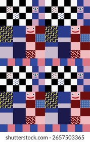 Playful geometric pattern with colorful blocks, smiling faces, and dynamic textures. Fun and modern design ideal for kids' textiles, wallpapers, or digital prints.

