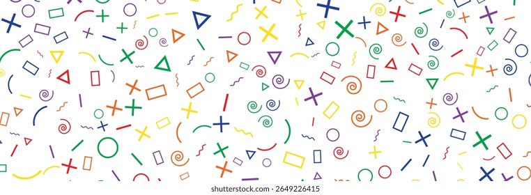 Playful geometric pattern on white features scattered triangles, circles, rectangles, crosses, curls, and wavy lines in a vibrant palette of orange, yellow, green, blue, red, and purple