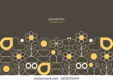 A playful geometric pattern in yellow, beige, and dark brown featuring flowers, leaves, butterflies, circles, and abstract figures arranged in a modern style with copy space for text design