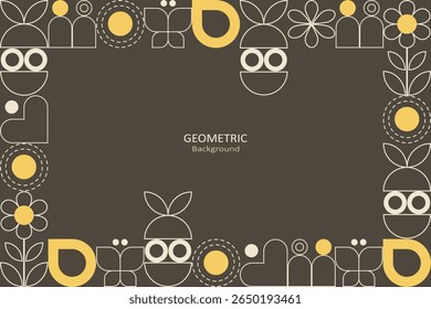 A playful geometric pattern in yellow, beige, and dark brown featuring flowers, leaves, butterflies, circles, and abstract figures arranged in a modern style with copy space for text design