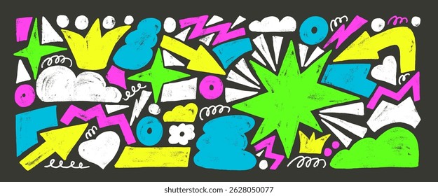 Playful geometric shapes neon crayon drawn set. Stars, crown, arrows and vector figures by highlight marker. Colorful playful stickers doodle on dark background. Graphic hand drawn funky elements.