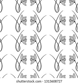 Playful geometric vector seamless pattern wiht doodles, hand drawn crocus plants organized into stripes. 