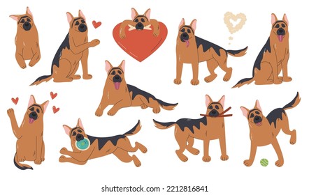 Playful german shepherd breed in different poses. Funny adult sheepdog with heart shapes and accessories. Cartoon domestic pet character. Doggy hand drawn flat vector illustration isolated on white