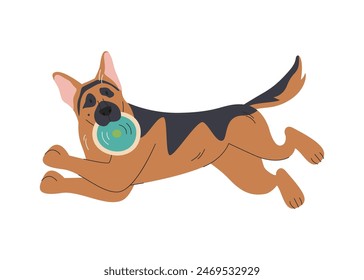 Playful german shepherd breed in jumping pose. Funny adult sheepdog running with frisbee disk toy. Cartoon canine domestic pet character. Doggy hand drawn flat vector illustration isolated on white